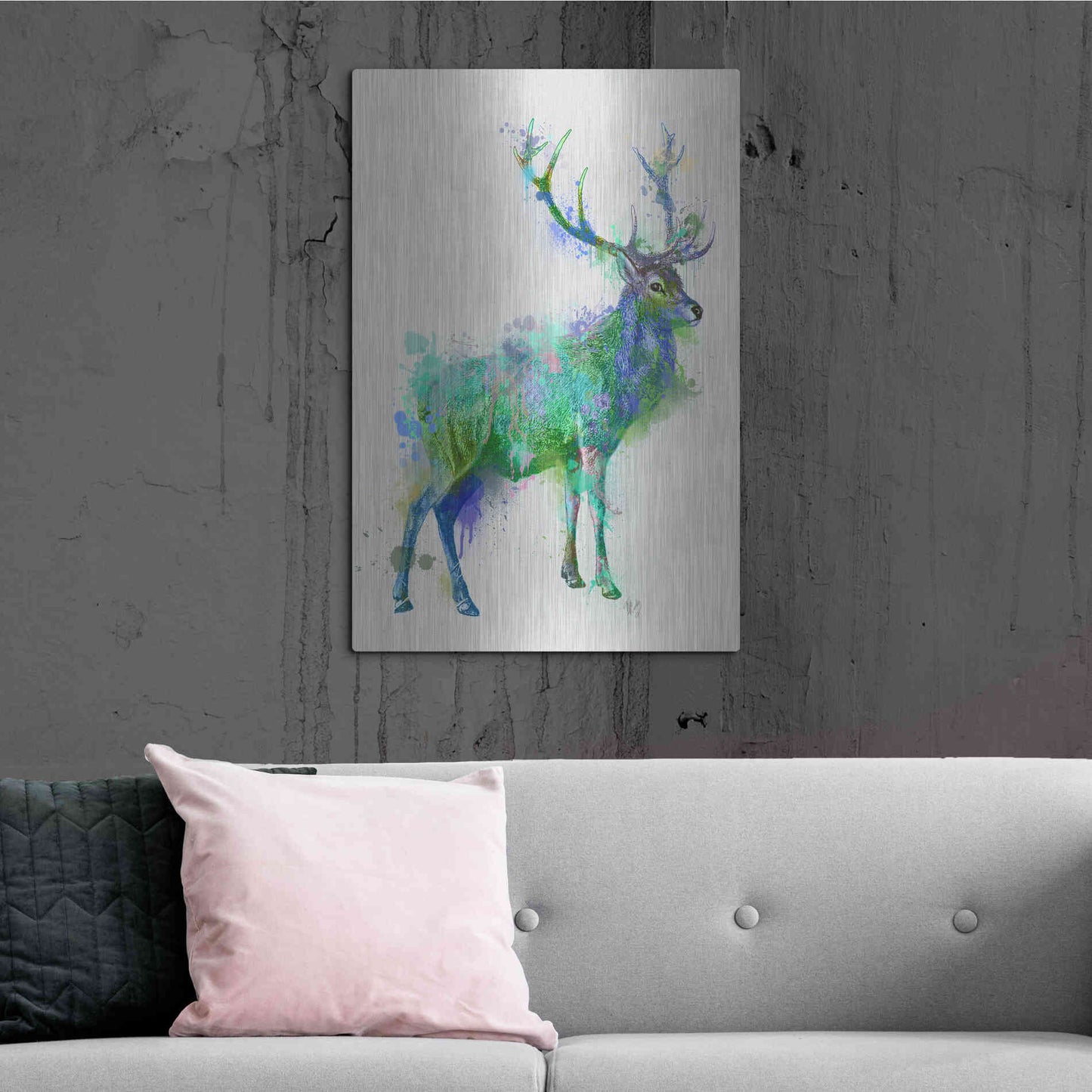 Luxe Metal Art 'Deer 1 Rainbow Splash Green Blue' by Fab Funky Metal Wall Art,24x36