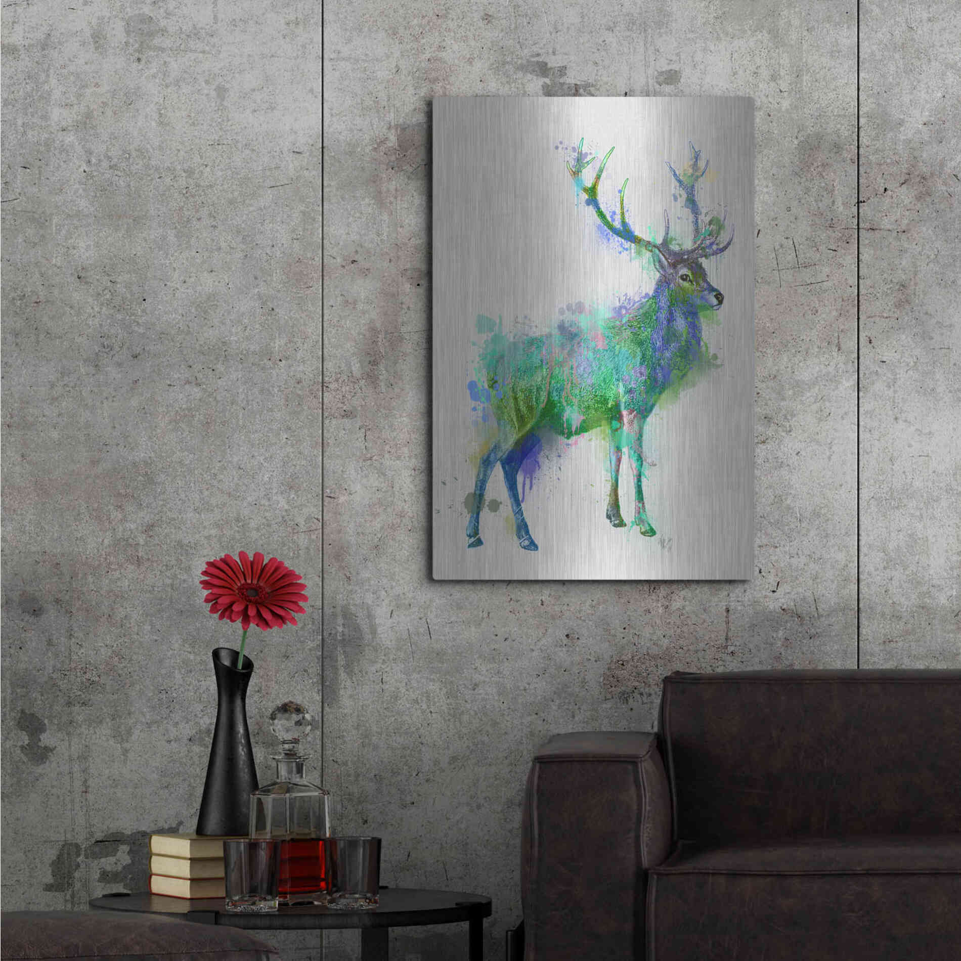 Luxe Metal Art 'Deer 1 Rainbow Splash Green Blue' by Fab Funky Metal Wall Art,24x36