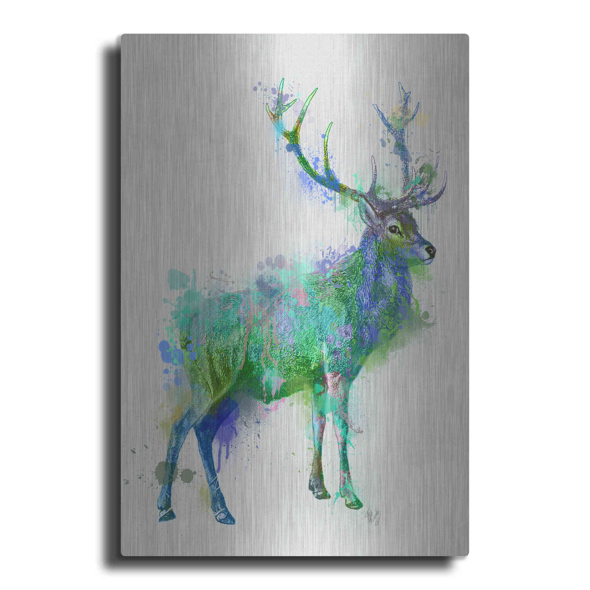 Luxe Metal Art 'Deer 1 Rainbow Splash Green Blue' by Fab Funky Metal Wall Art