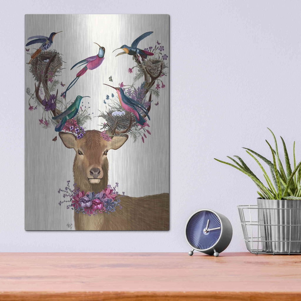 Luxe Metal Art 'Deer Birdkeeper, Tropical Bird Nests' by Fab Funky Metal Wall Art,12x16