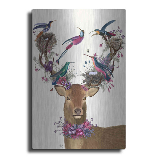 Luxe Metal Art 'Deer Birdkeeper, Tropical Bird Nests' by Fab Funky Metal Wall Art