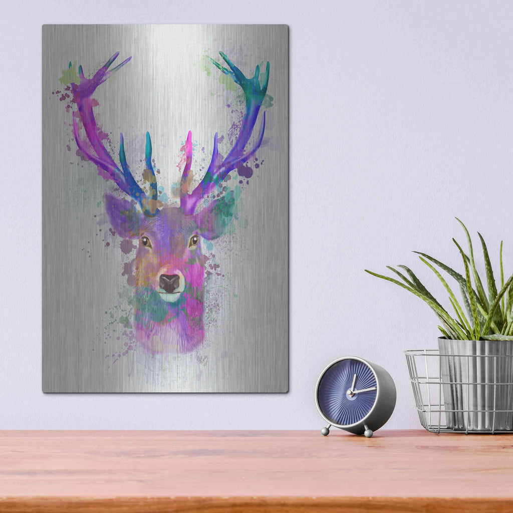 Luxe Metal Art 'Deer Head 1 Rainbow Splash Pink and Purple' by Fab Funky Metal Wall Art,12x16