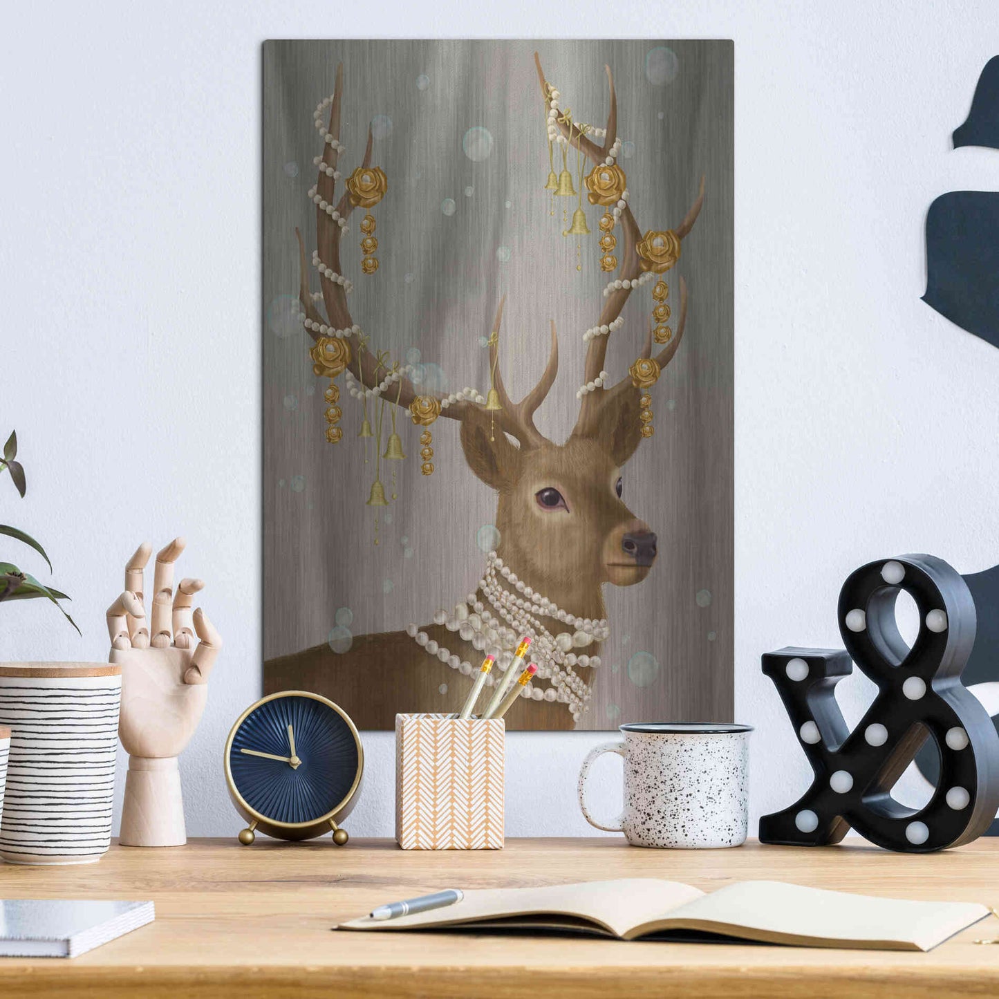 Luxe Metal Art 'Deer with Gold Bells' by Fab Funky Metal Wall Art,12x16