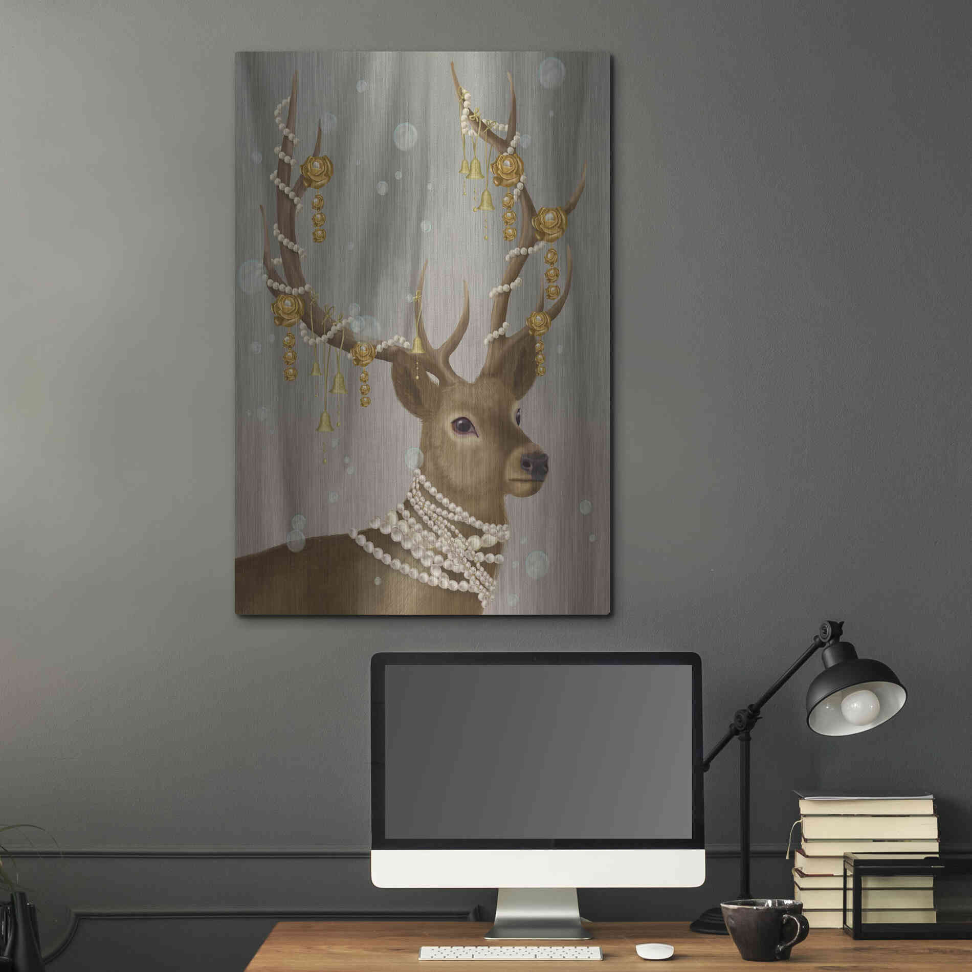 Luxe Metal Art 'Deer with Gold Bells' by Fab Funky Metal Wall Art,24x36