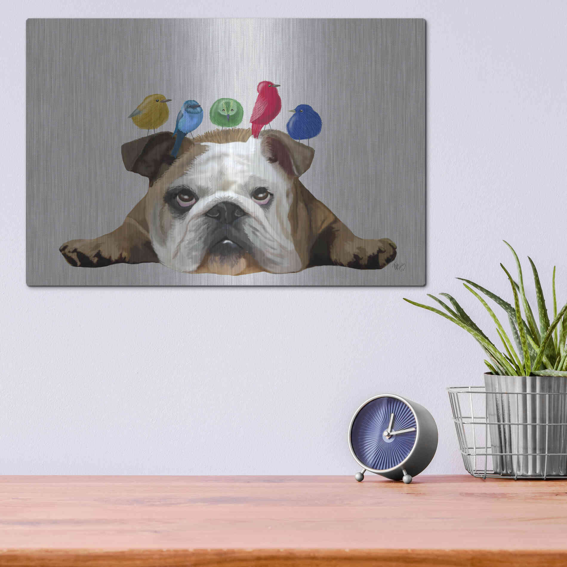 Luxe Metal Art 'English Bulldog and Birds' by Fab Funky Metal Wall Art,16x12