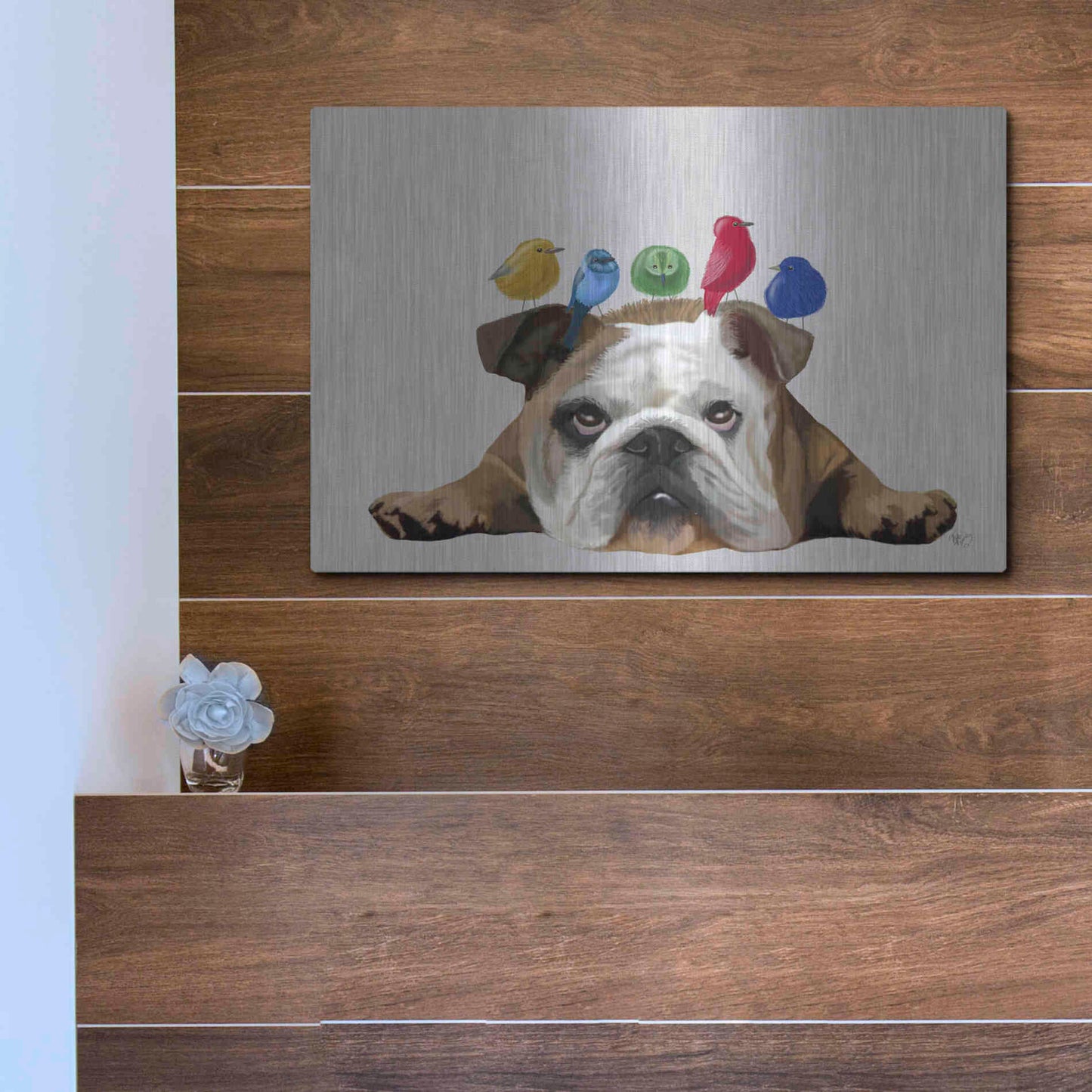 Luxe Metal Art 'English Bulldog and Birds' by Fab Funky Metal Wall Art,16x12