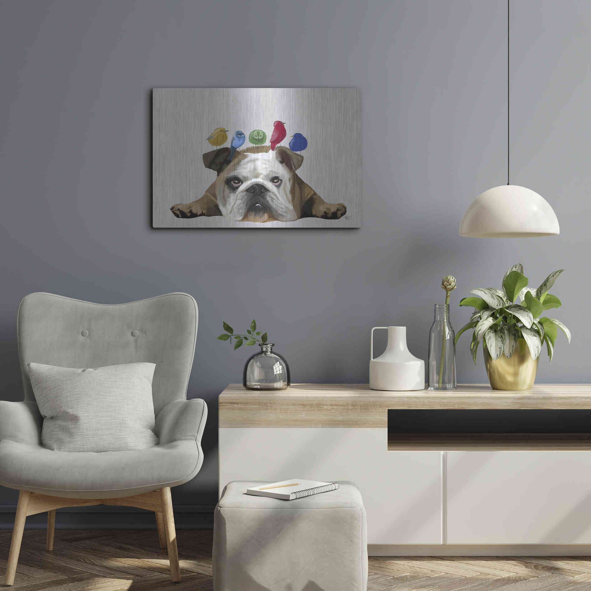 Luxe Metal Art 'English Bulldog and Birds' by Fab Funky Metal Wall Art,24x16