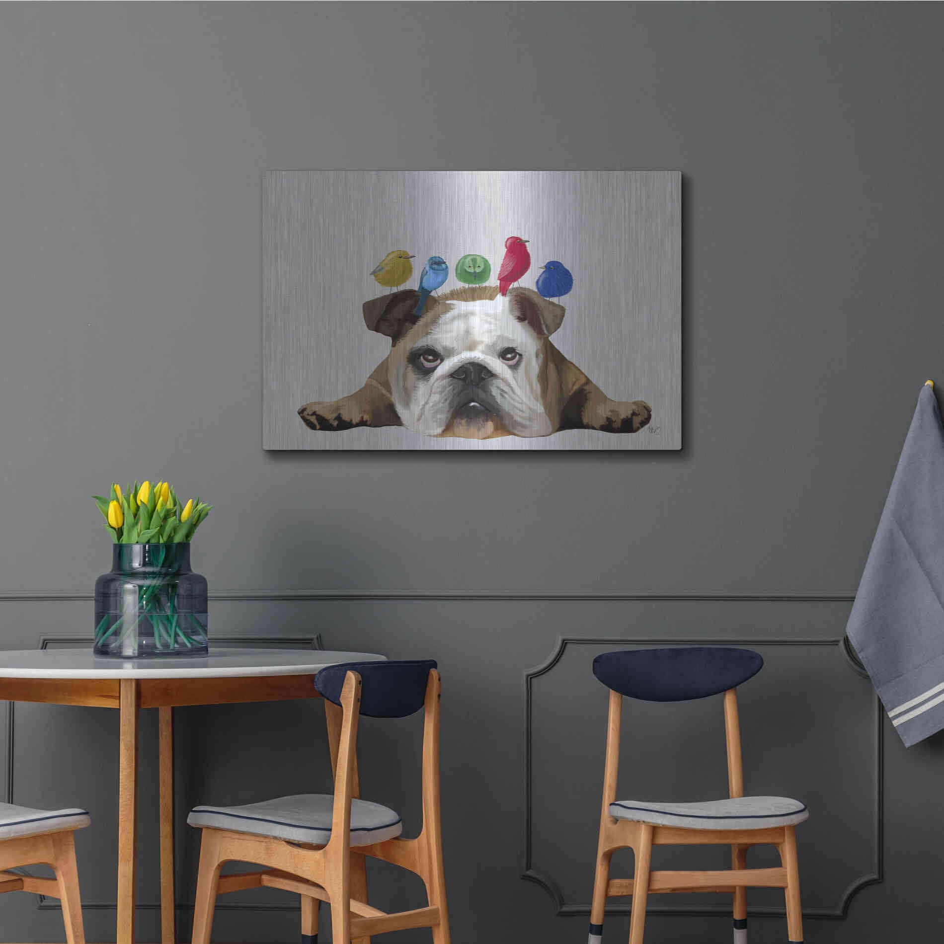 Luxe Metal Art 'English Bulldog and Birds' by Fab Funky Metal Wall Art,36x24