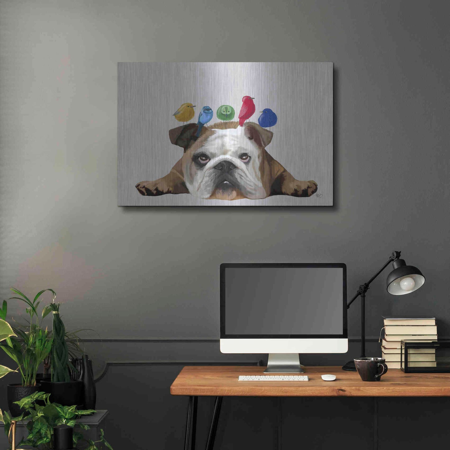 Luxe Metal Art 'English Bulldog and Birds' by Fab Funky Metal Wall Art,36x24