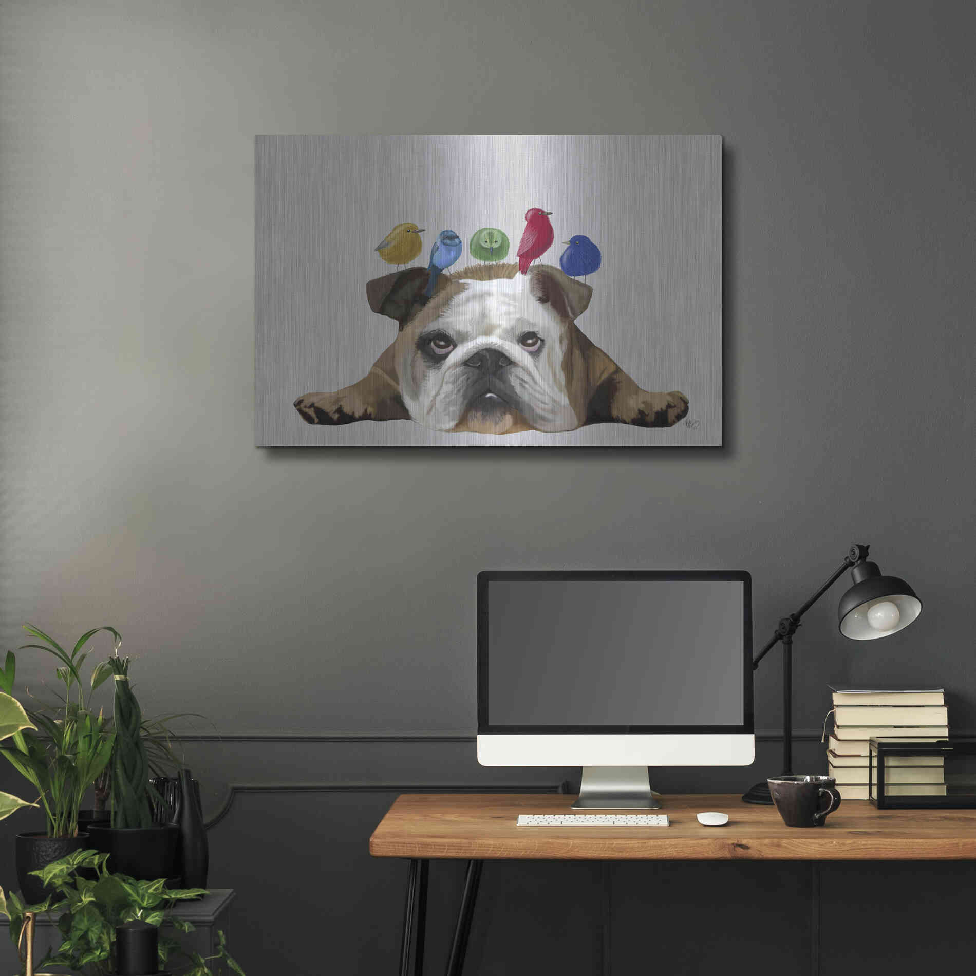 Luxe Metal Art 'English Bulldog and Birds' by Fab Funky Metal Wall Art,36x24