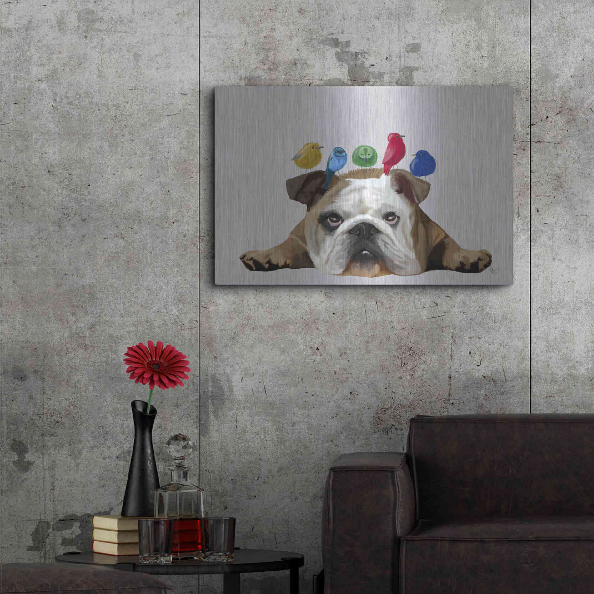 Luxe Metal Art 'English Bulldog and Birds' by Fab Funky Metal Wall Art,36x24