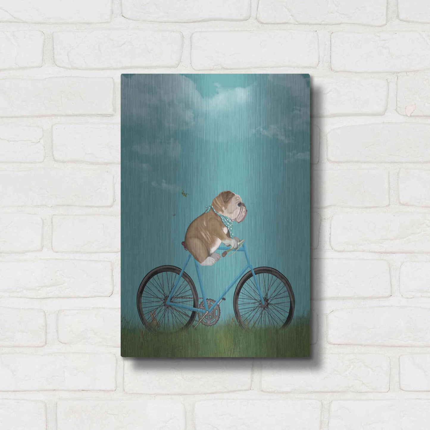 Luxe Metal Art 'English Bulldog on Bicycle - Sky' by Fab Funky Metal Wall Art,12x16