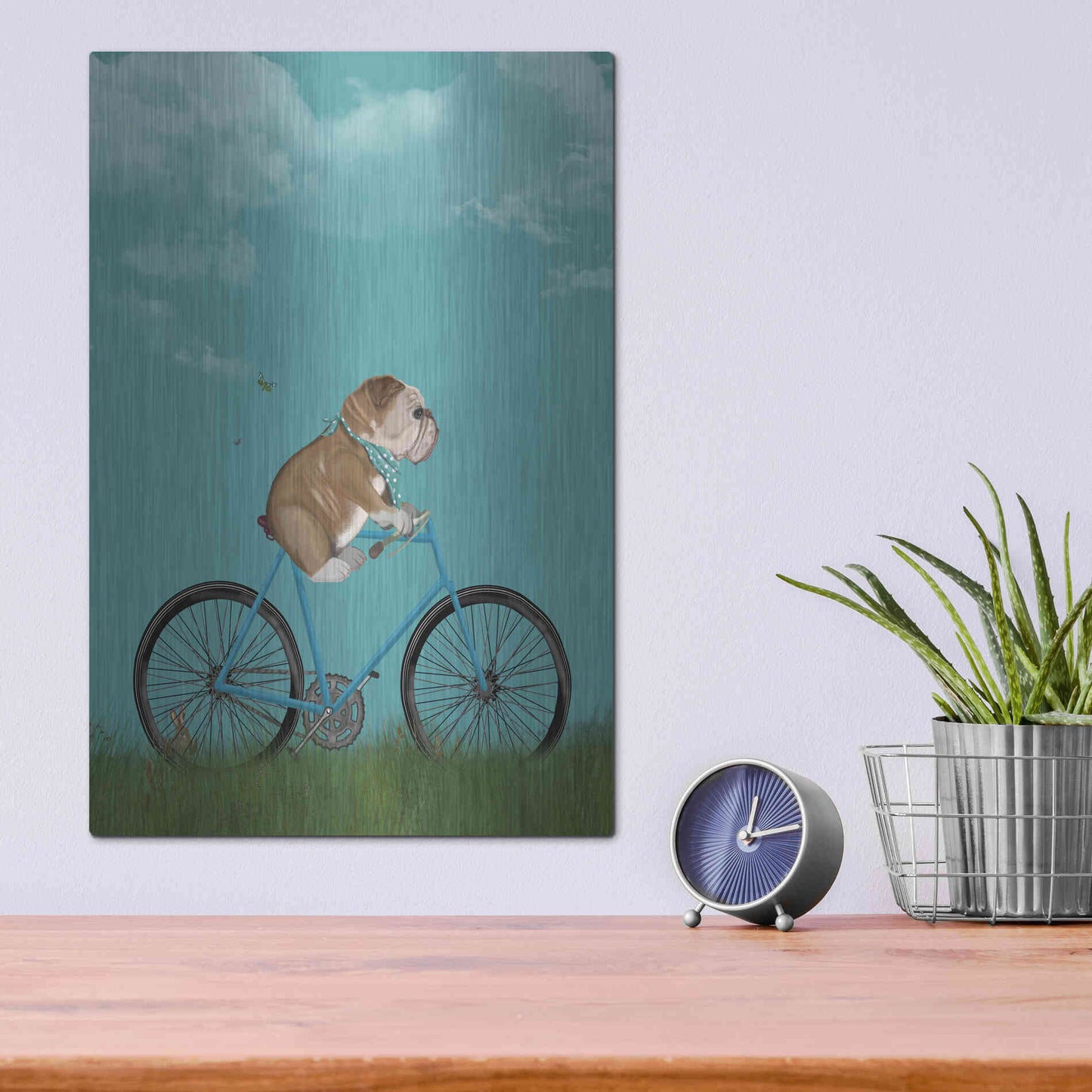 Luxe Metal Art 'English Bulldog on Bicycle - Sky' by Fab Funky Metal Wall Art,12x16