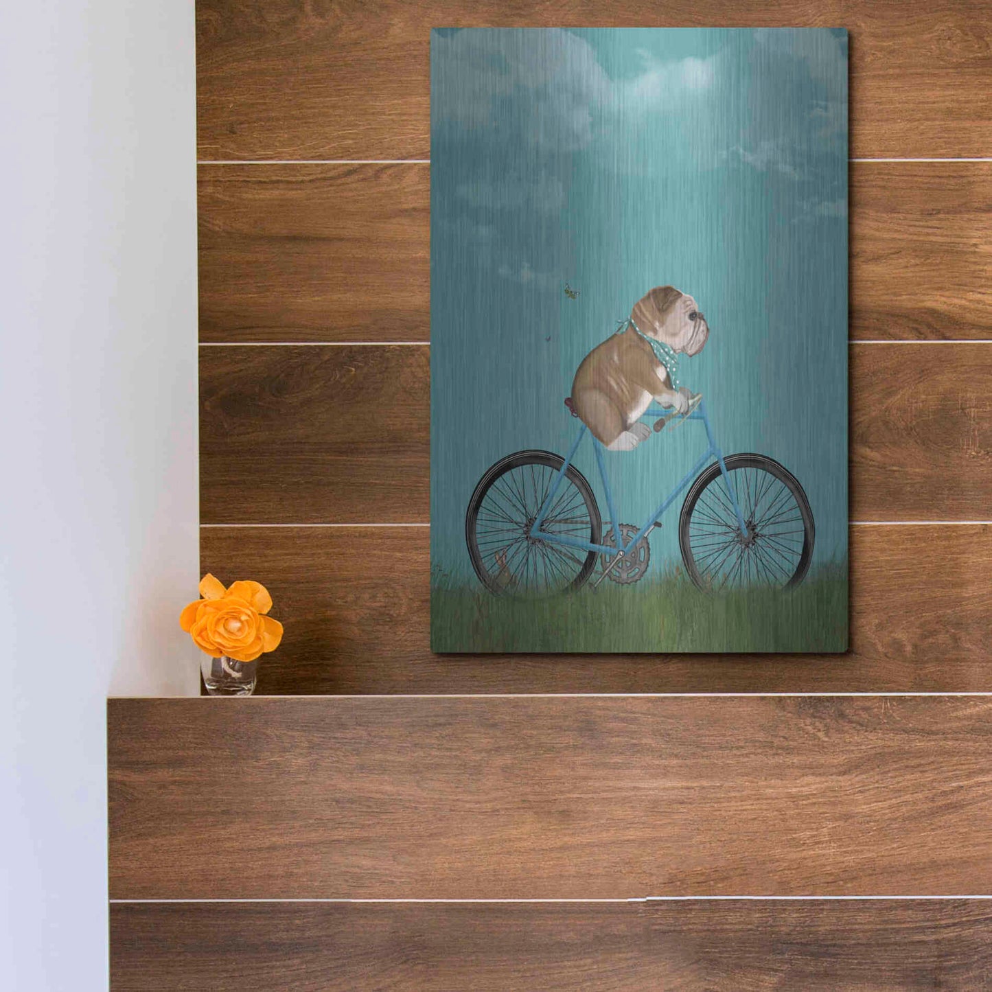 Luxe Metal Art 'English Bulldog on Bicycle - Sky' by Fab Funky Metal Wall Art,12x16