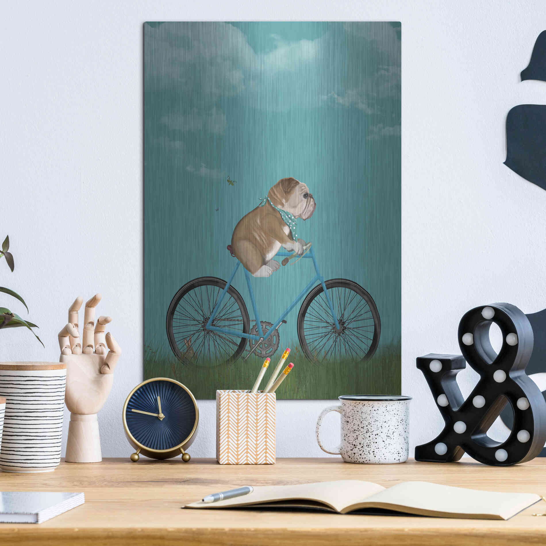 Luxe Metal Art 'English Bulldog on Bicycle - Sky' by Fab Funky Metal Wall Art,12x16