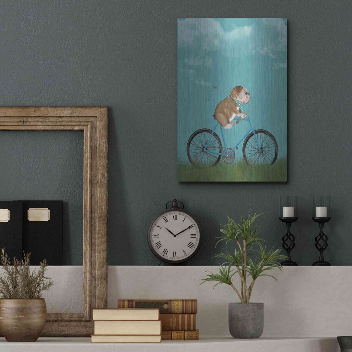 Luxe Metal Art 'English Bulldog on Bicycle - Sky' by Fab Funky Metal Wall Art,12x16