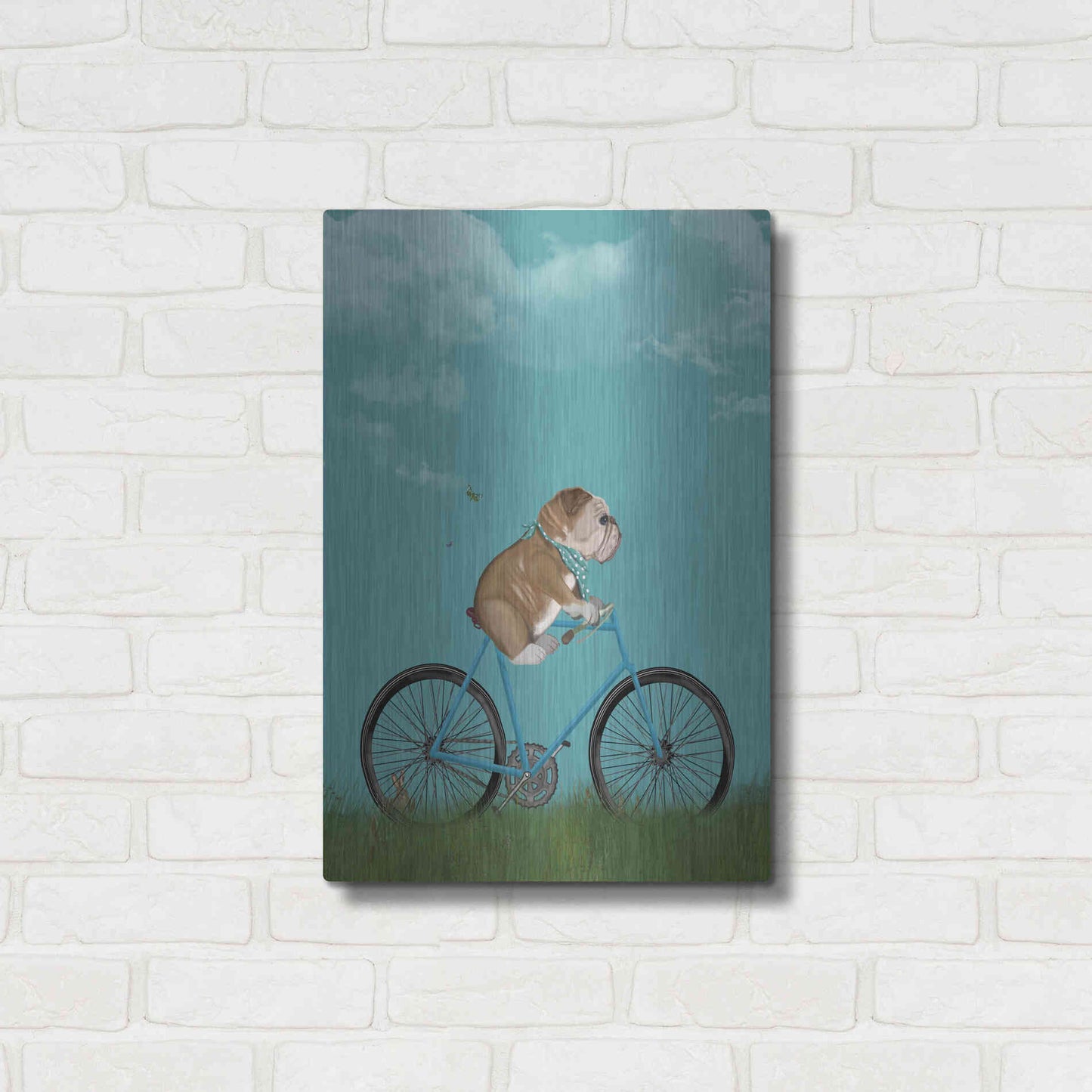 Luxe Metal Art 'English Bulldog on Bicycle - Sky' by Fab Funky Metal Wall Art,16x24