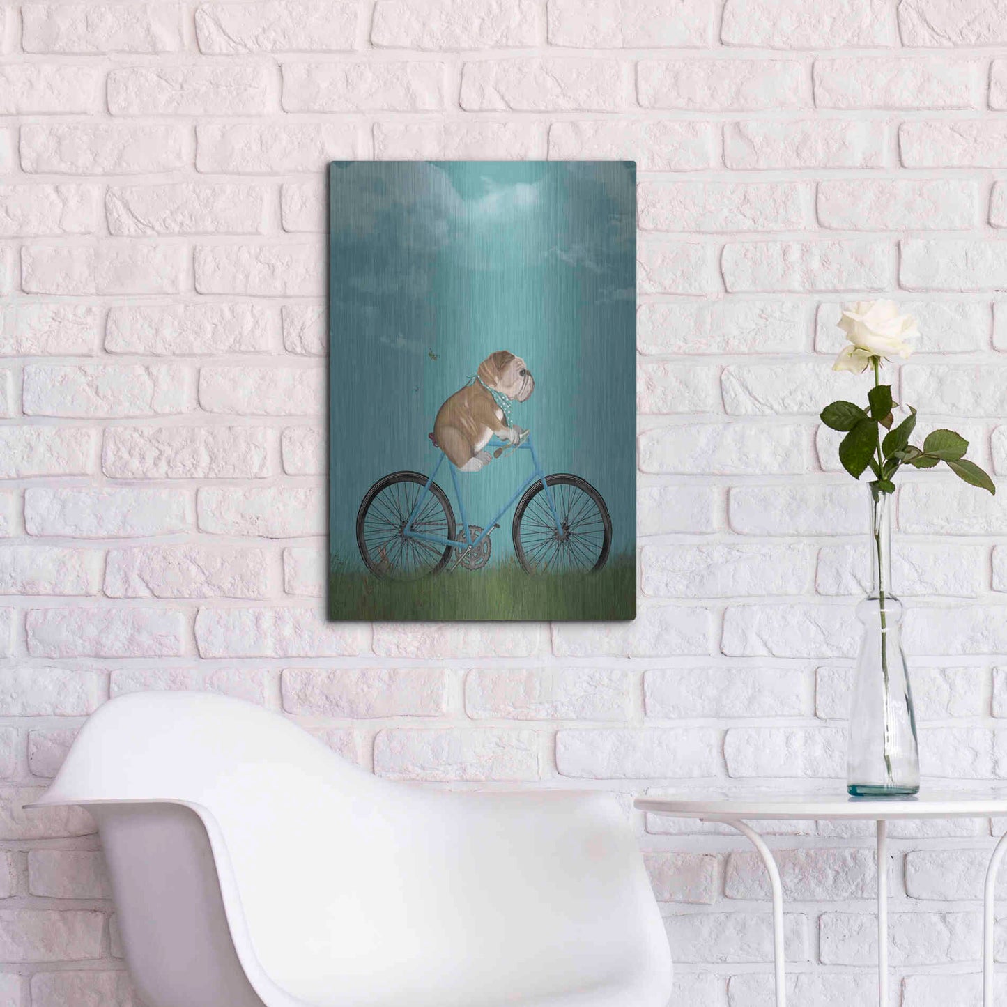 Luxe Metal Art 'English Bulldog on Bicycle - Sky' by Fab Funky Metal Wall Art,16x24