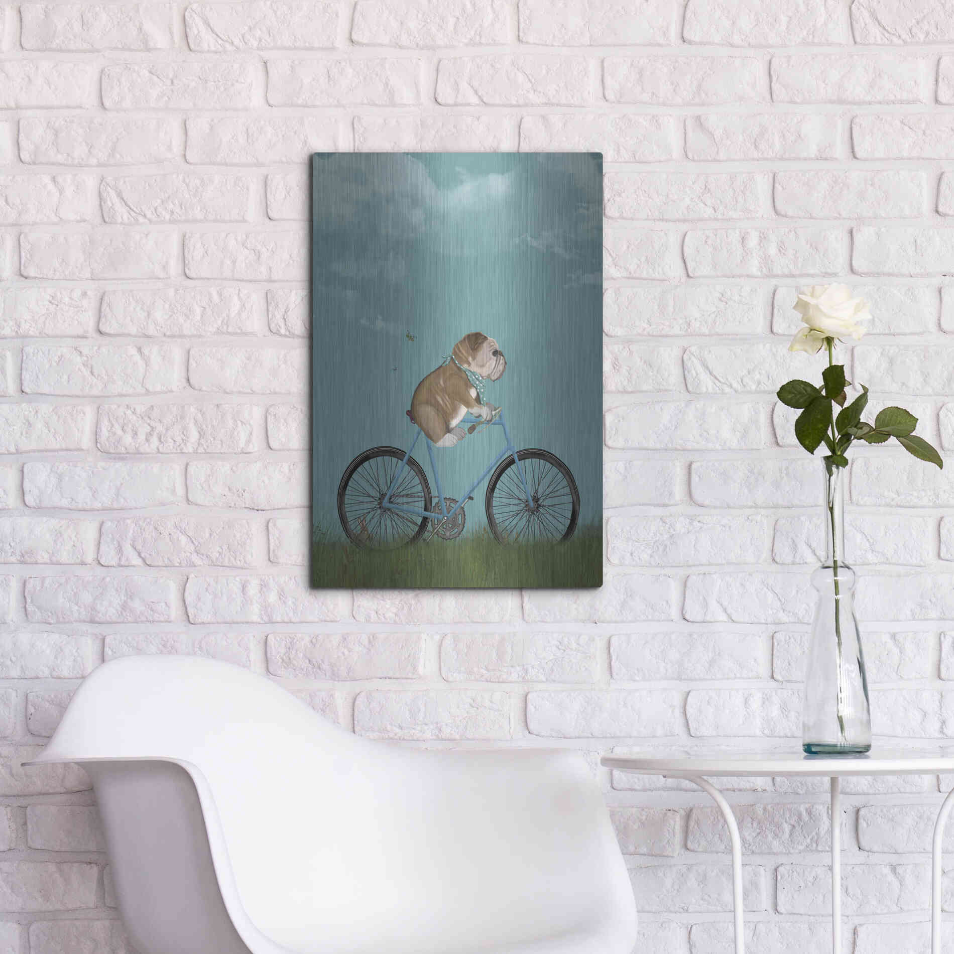 Luxe Metal Art 'English Bulldog on Bicycle - Sky' by Fab Funky Metal Wall Art,16x24