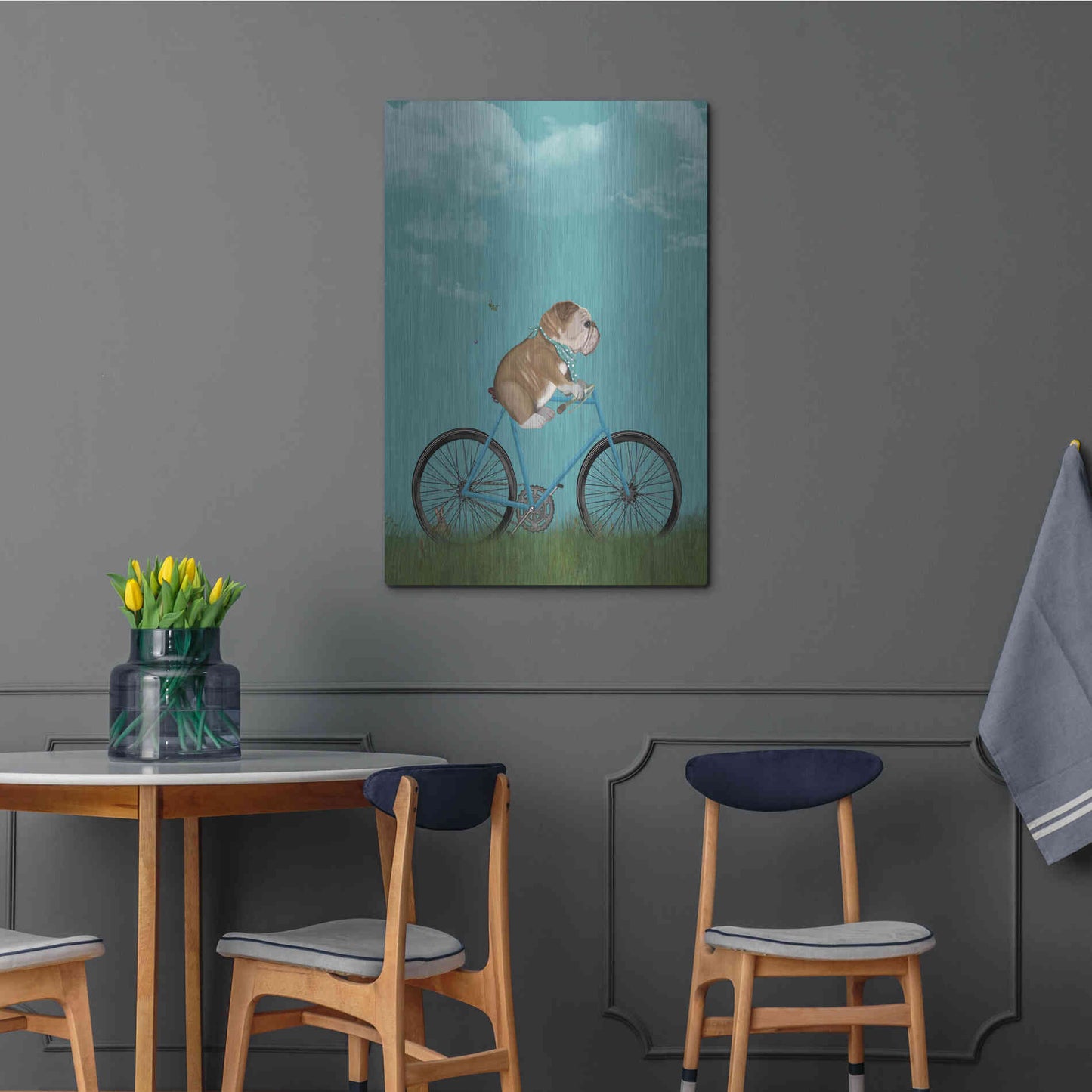 Luxe Metal Art 'English Bulldog on Bicycle - Sky' by Fab Funky Metal Wall Art,24x36