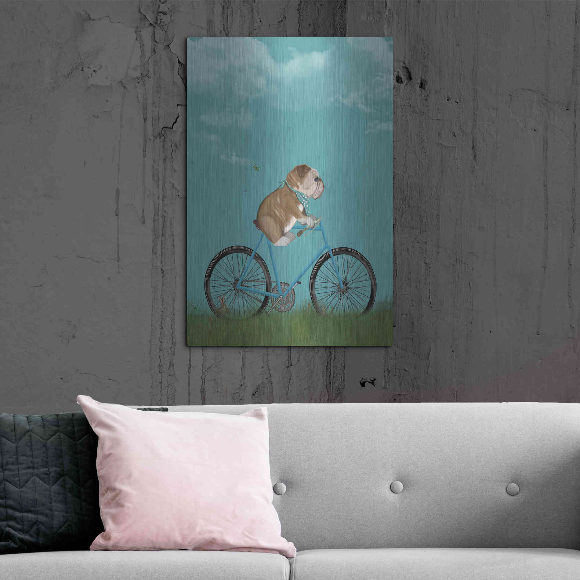 Luxe Metal Art 'English Bulldog on Bicycle - Sky' by Fab Funky Metal Wall Art,24x36