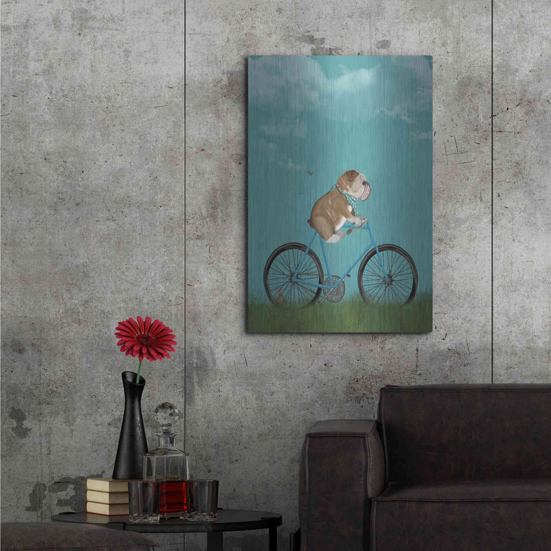 Luxe Metal Art 'English Bulldog on Bicycle - Sky' by Fab Funky Metal Wall Art,24x36