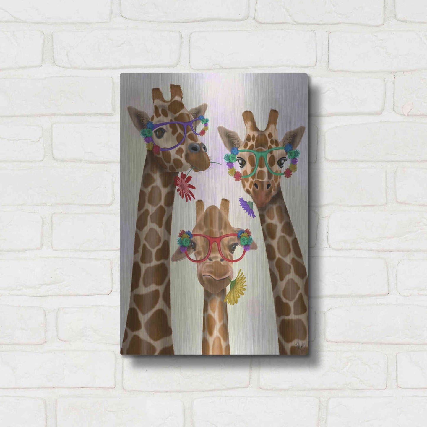 Luxe Metal Art 'Giraffe and Flower Glasses, Trio' by Fab Funky Metal Wall Art,12x16