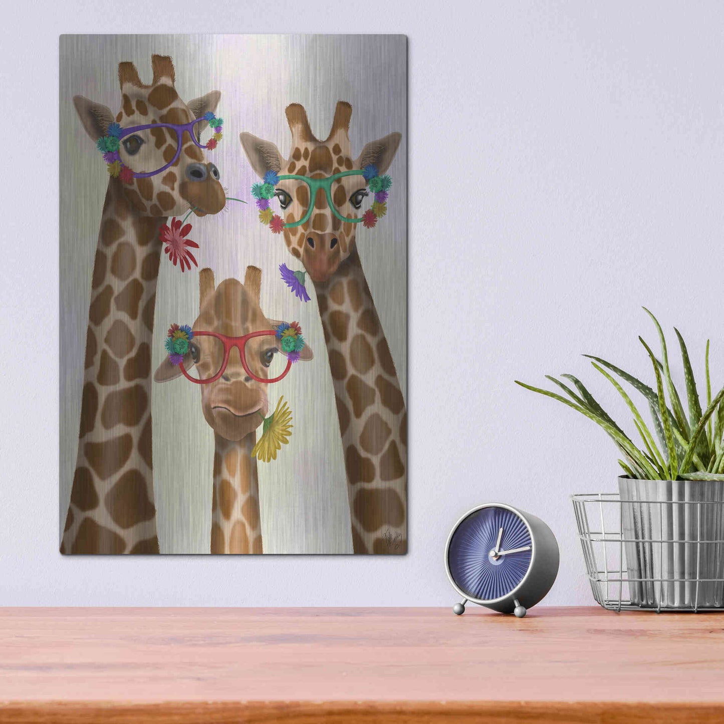 Luxe Metal Art 'Giraffe and Flower Glasses, Trio' by Fab Funky Metal Wall Art,12x16