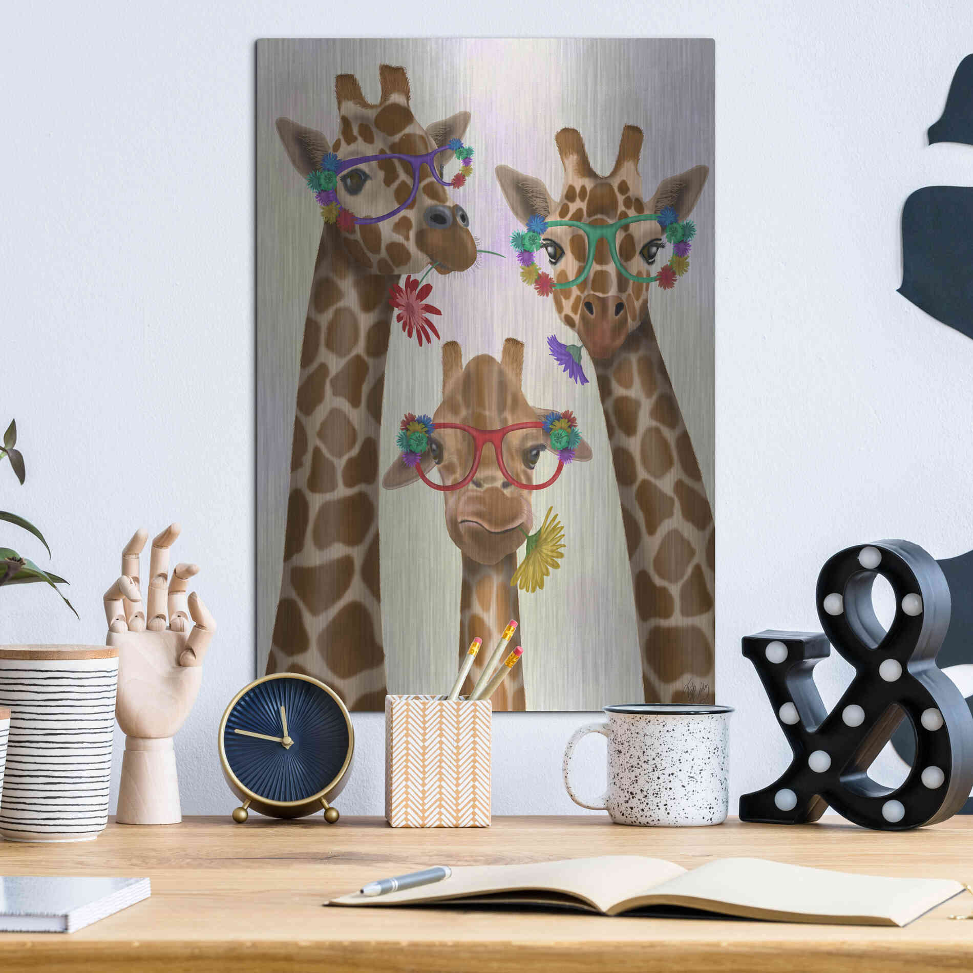 Luxe Metal Art 'Giraffe and Flower Glasses, Trio' by Fab Funky Metal Wall Art,12x16
