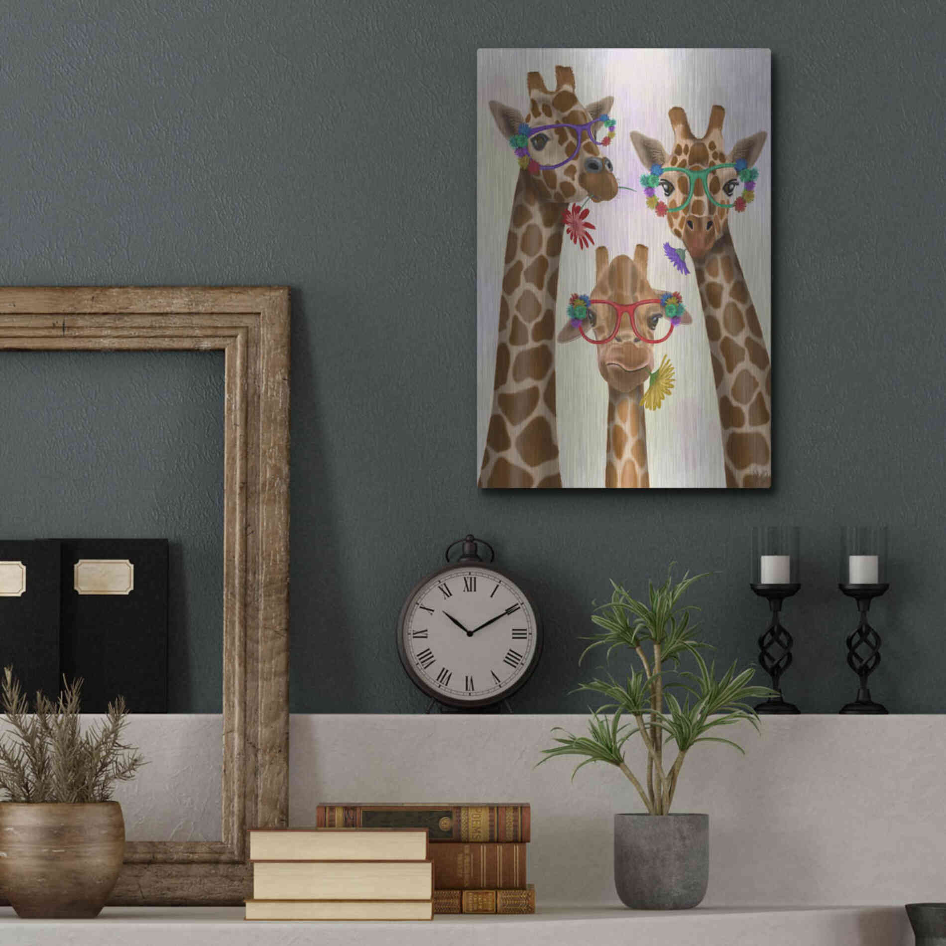Luxe Metal Art 'Giraffe and Flower Glasses, Trio' by Fab Funky Metal Wall Art,12x16