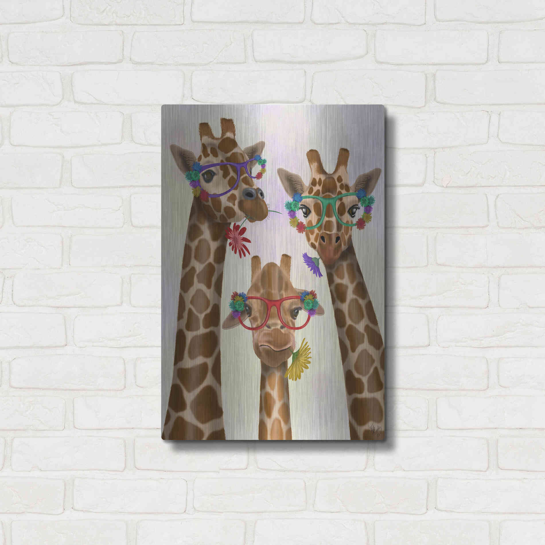 Luxe Metal Art 'Giraffe and Flower Glasses, Trio' by Fab Funky Metal Wall Art,16x24
