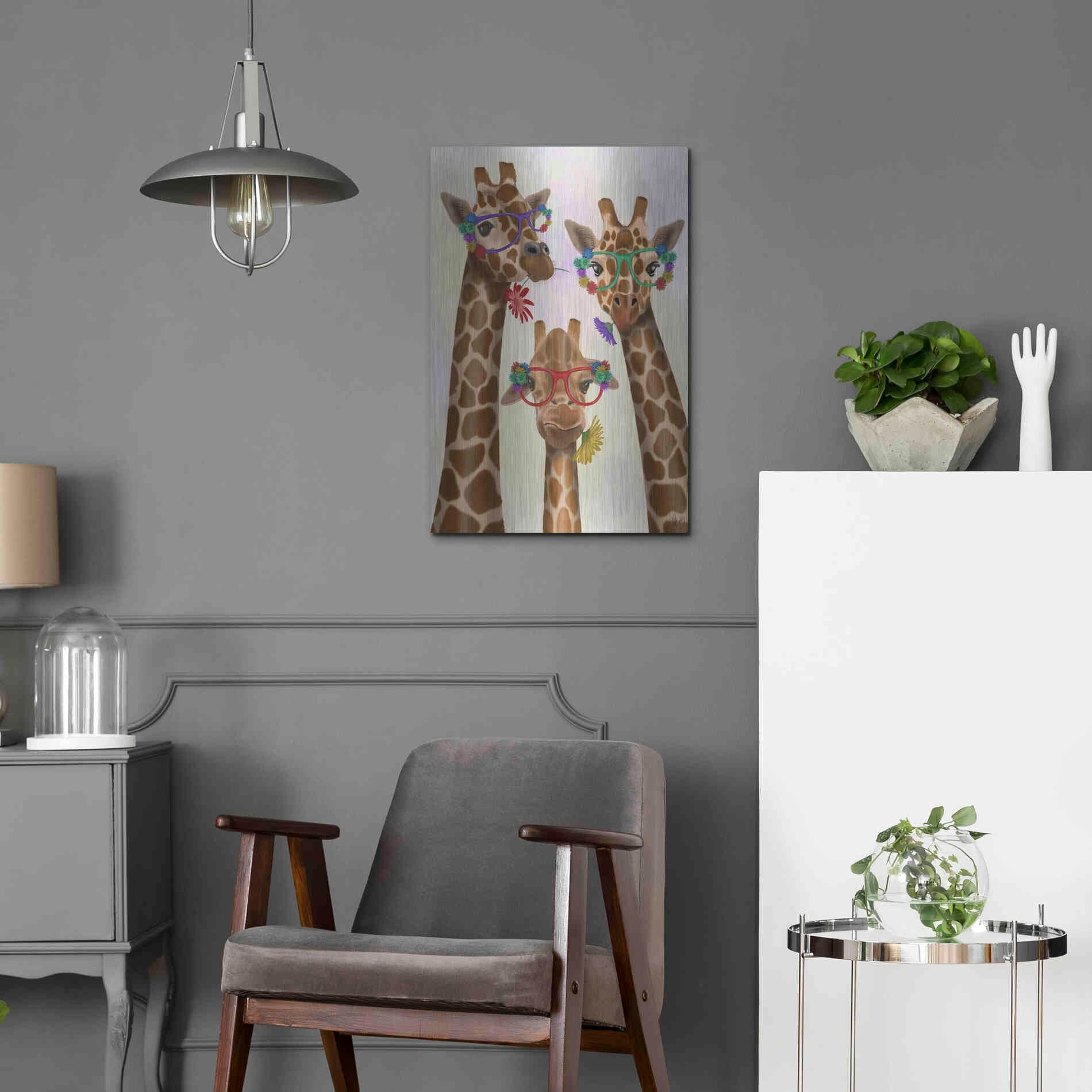 Luxe Metal Art 'Giraffe and Flower Glasses, Trio' by Fab Funky Metal Wall Art,16x24