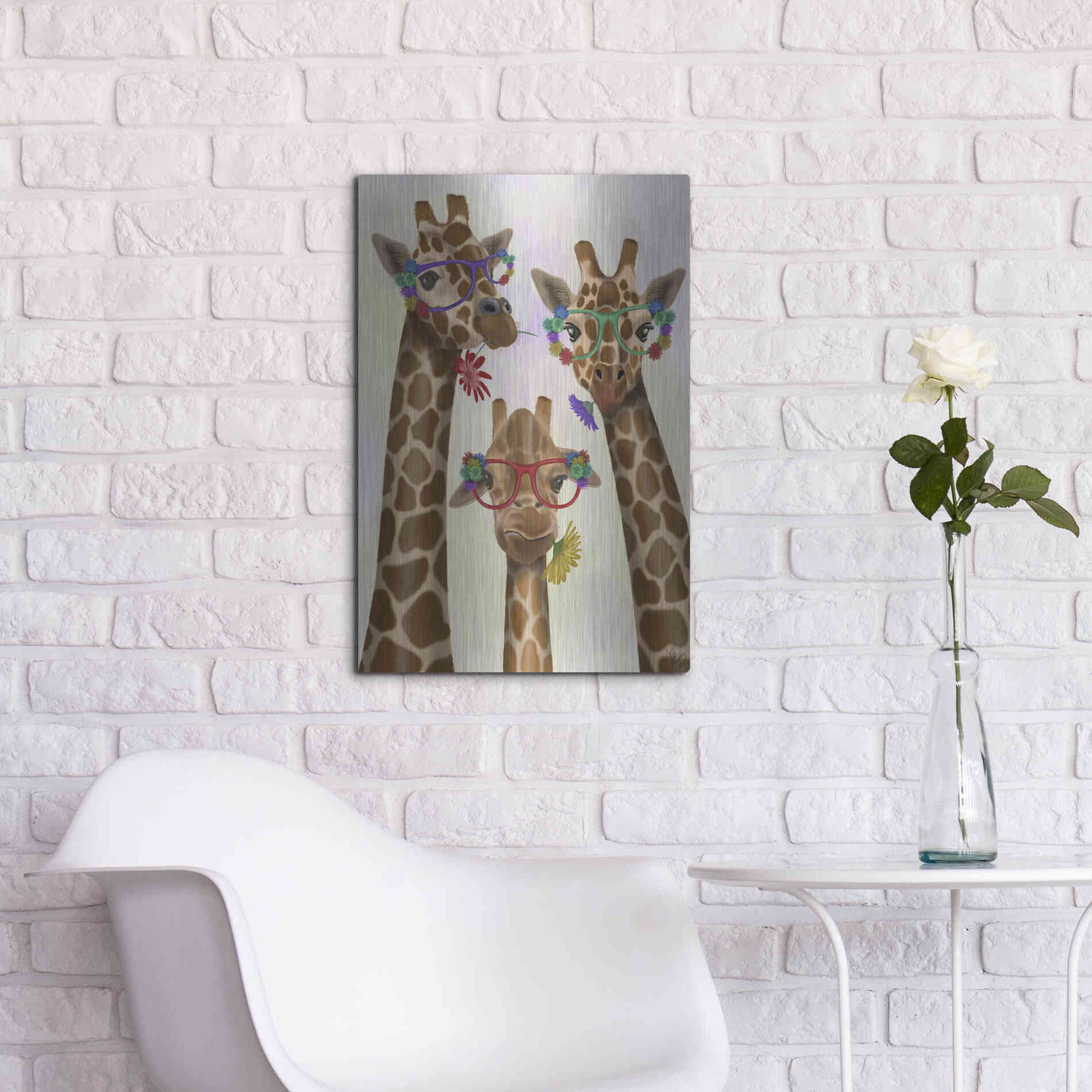 Luxe Metal Art 'Giraffe and Flower Glasses, Trio' by Fab Funky Metal Wall Art,16x24