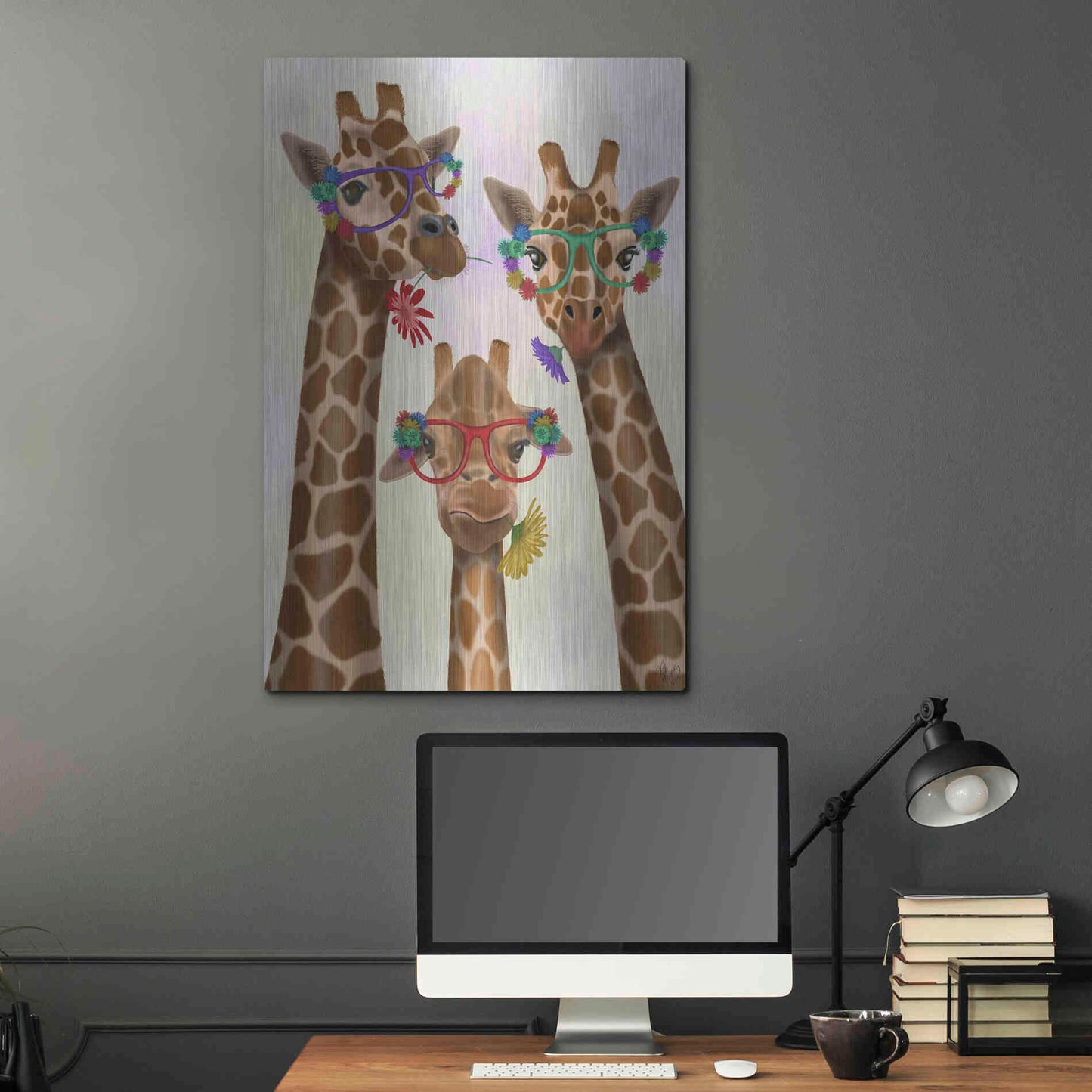 Luxe Metal Art 'Giraffe and Flower Glasses, Trio' by Fab Funky Metal Wall Art,24x36