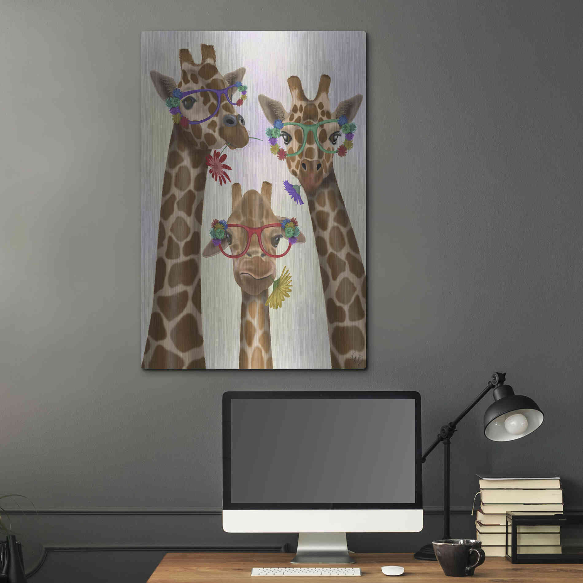 Luxe Metal Art 'Giraffe and Flower Glasses, Trio' by Fab Funky Metal Wall Art,24x36