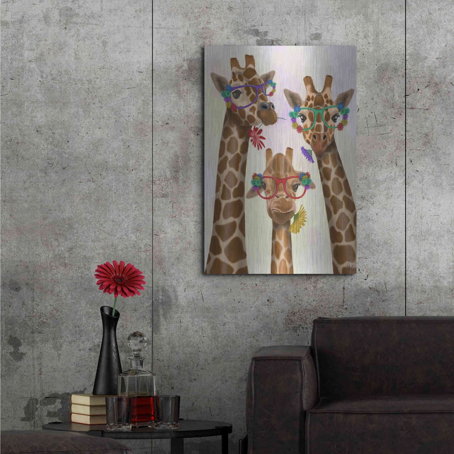 Luxe Metal Art 'Giraffe and Flower Glasses, Trio' by Fab Funky Metal Wall Art,24x36