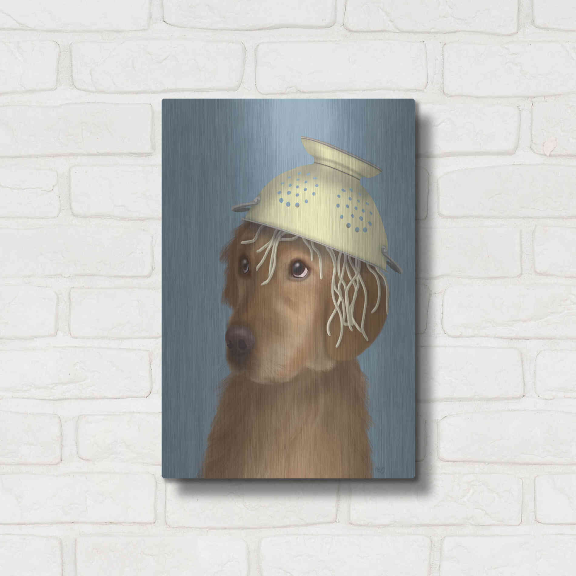 Luxe Metal Art 'Golden Retriever and Spaghetti' by Fab Funky Metal Wall Art,12x16