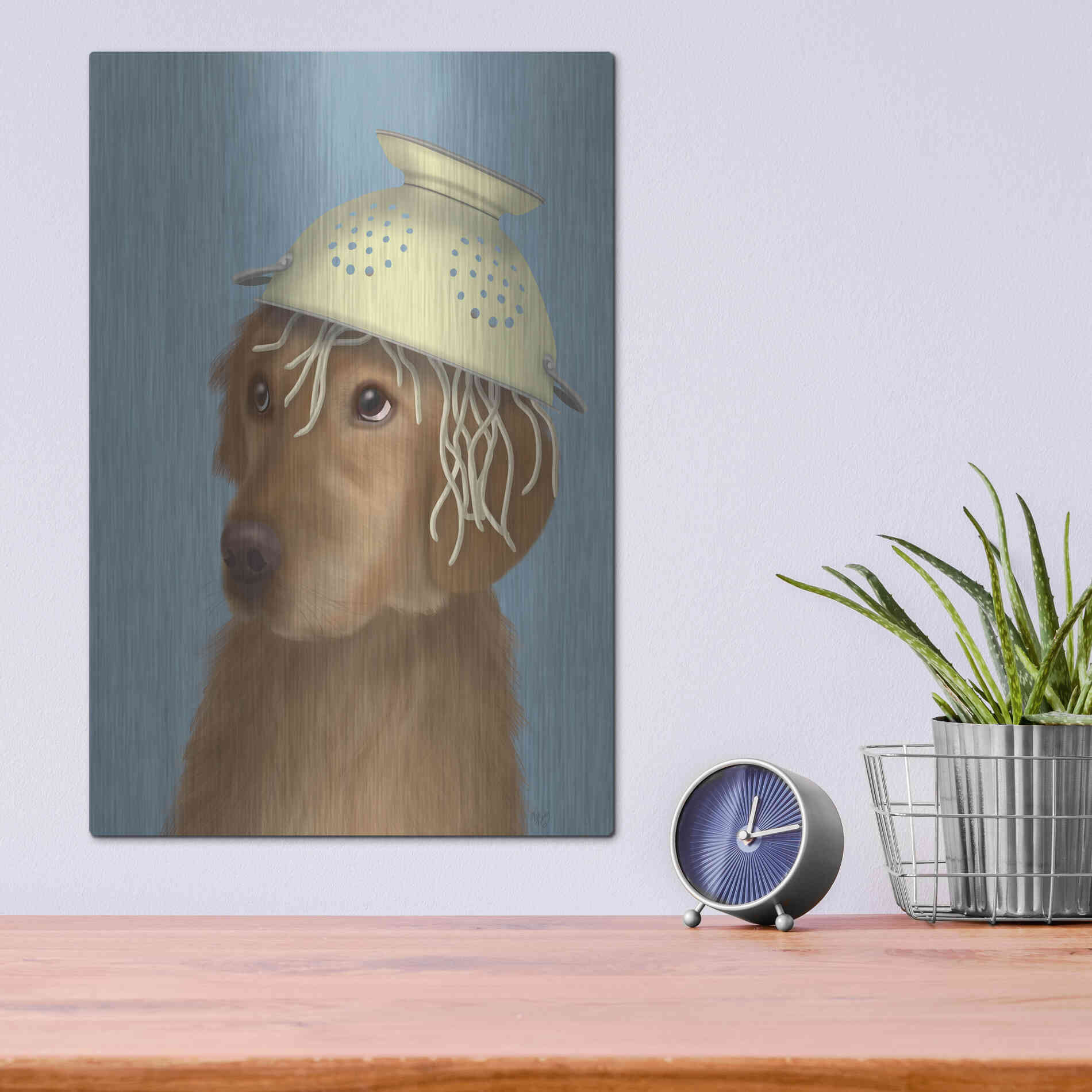 Luxe Metal Art 'Golden Retriever and Spaghetti' by Fab Funky Metal Wall Art,12x16