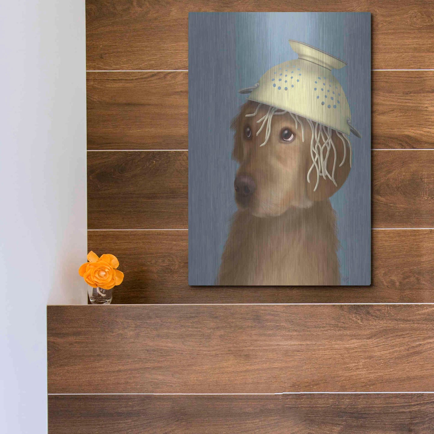 Luxe Metal Art 'Golden Retriever and Spaghetti' by Fab Funky Metal Wall Art,12x16