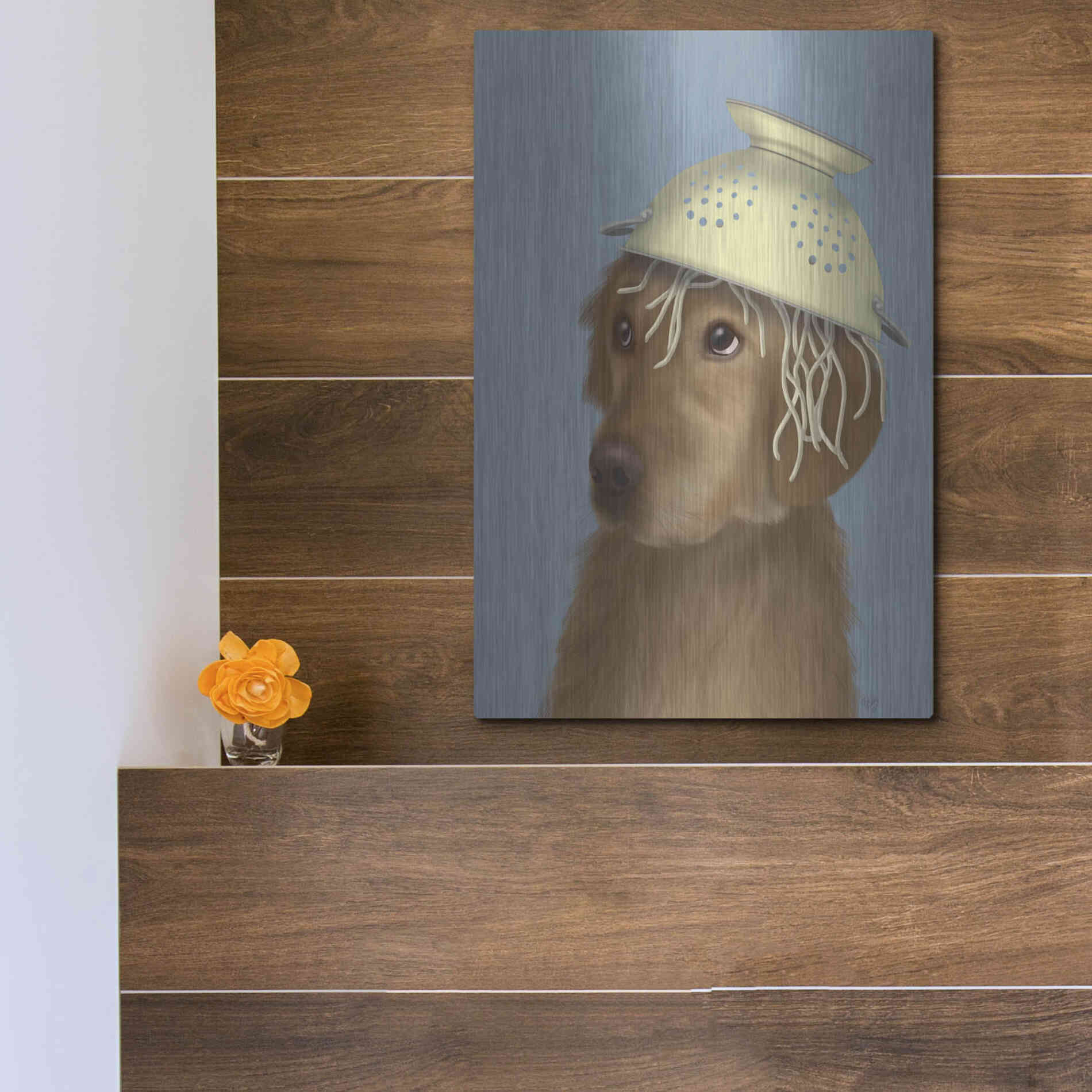 Luxe Metal Art 'Golden Retriever and Spaghetti' by Fab Funky Metal Wall Art,12x16