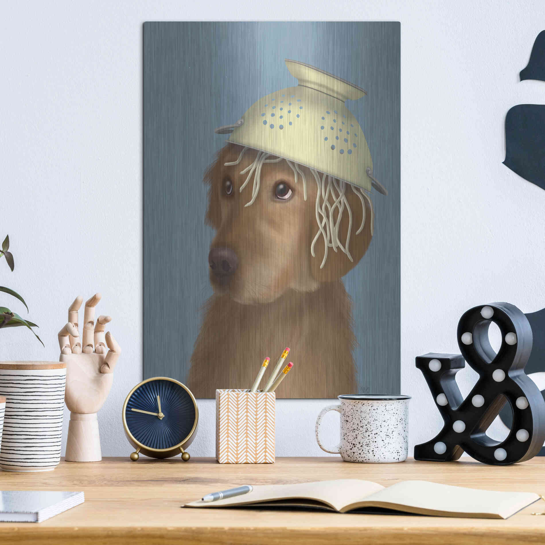 Luxe Metal Art 'Golden Retriever and Spaghetti' by Fab Funky Metal Wall Art,12x16