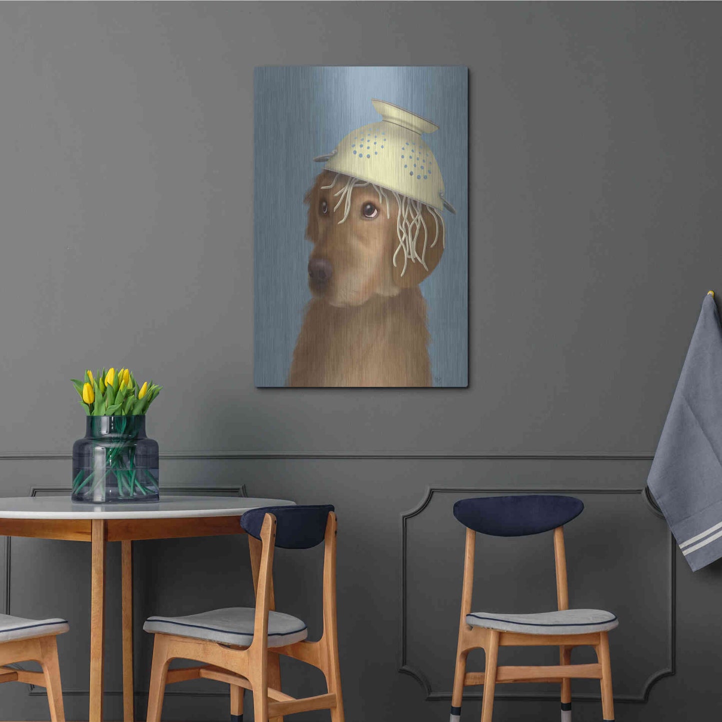 Luxe Metal Art 'Golden Retriever and Spaghetti' by Fab Funky Metal Wall Art,24x36