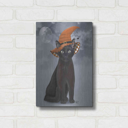 Luxe Metal Art 'Halloween Black Cat in Witches Hat' by Fab Funky Metal Wall Art,12x16