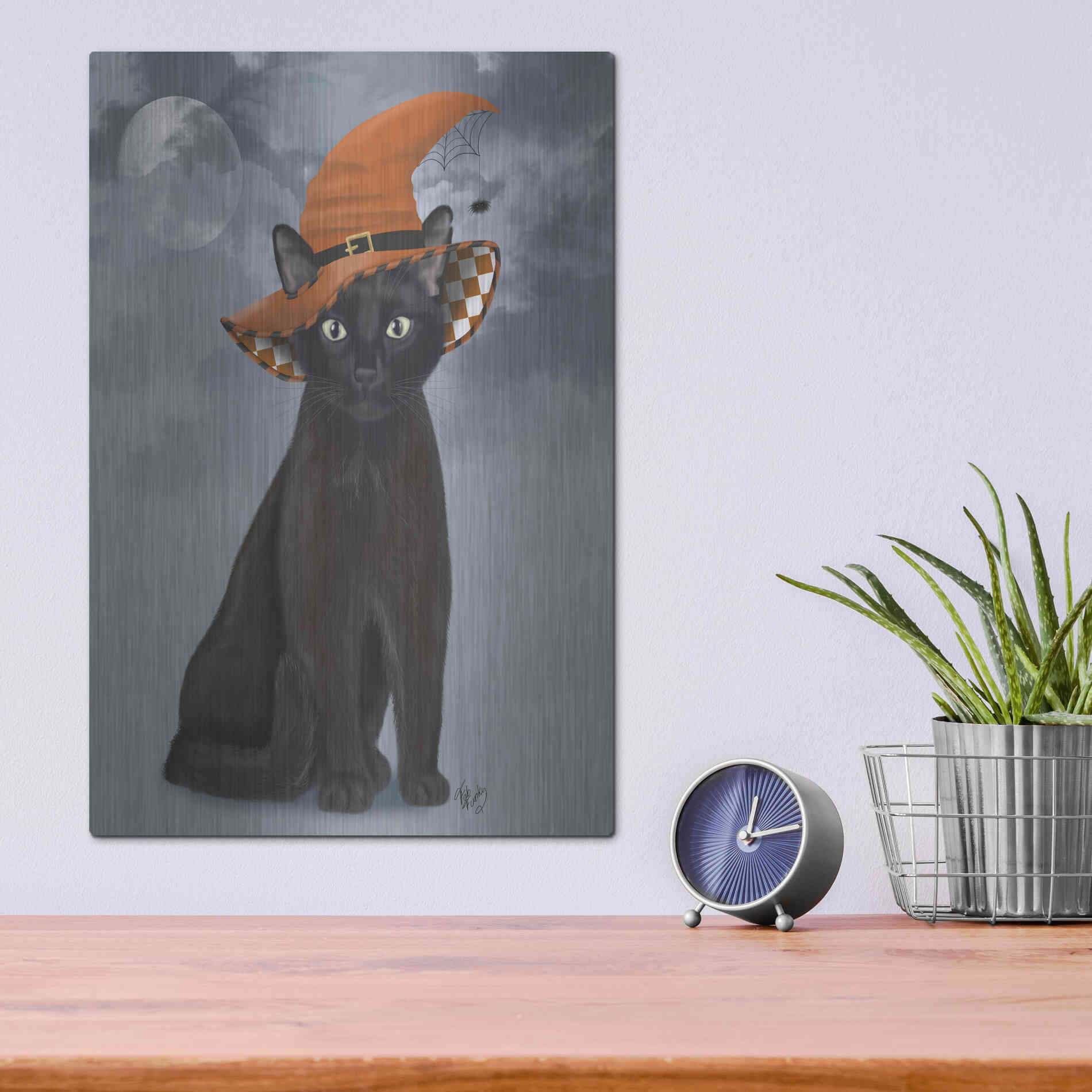 Luxe Metal Art 'Halloween Black Cat in Witches Hat' by Fab Funky Metal Wall Art,12x16