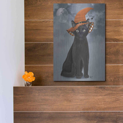 Luxe Metal Art 'Halloween Black Cat in Witches Hat' by Fab Funky Metal Wall Art,12x16