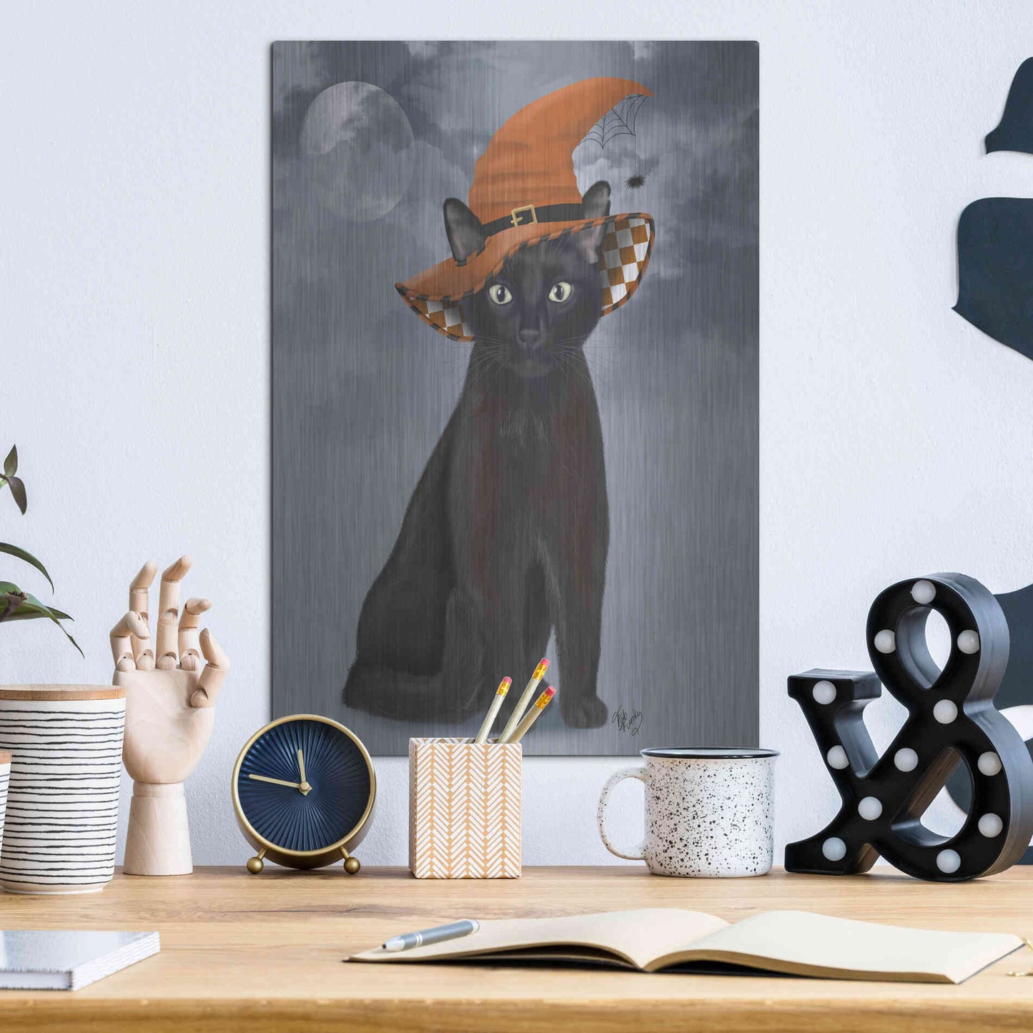 Luxe Metal Art 'Halloween Black Cat in Witches Hat' by Fab Funky Metal Wall Art,12x16