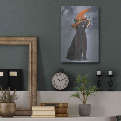 Luxe Metal Art 'Halloween Black Cat in Witches Hat' by Fab Funky Metal Wall Art,12x16