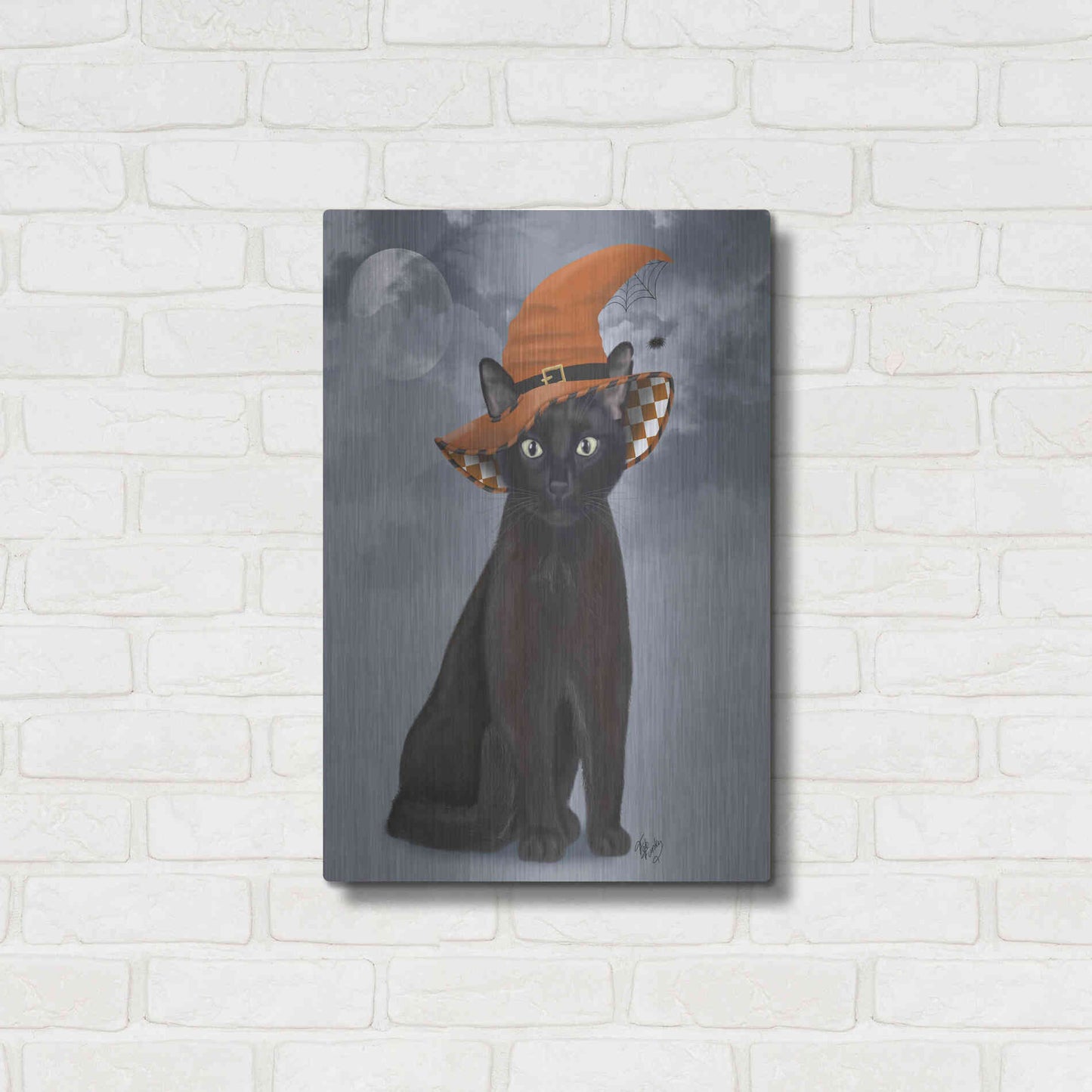 Luxe Metal Art 'Halloween Black Cat in Witches Hat' by Fab Funky Metal Wall Art,16x24