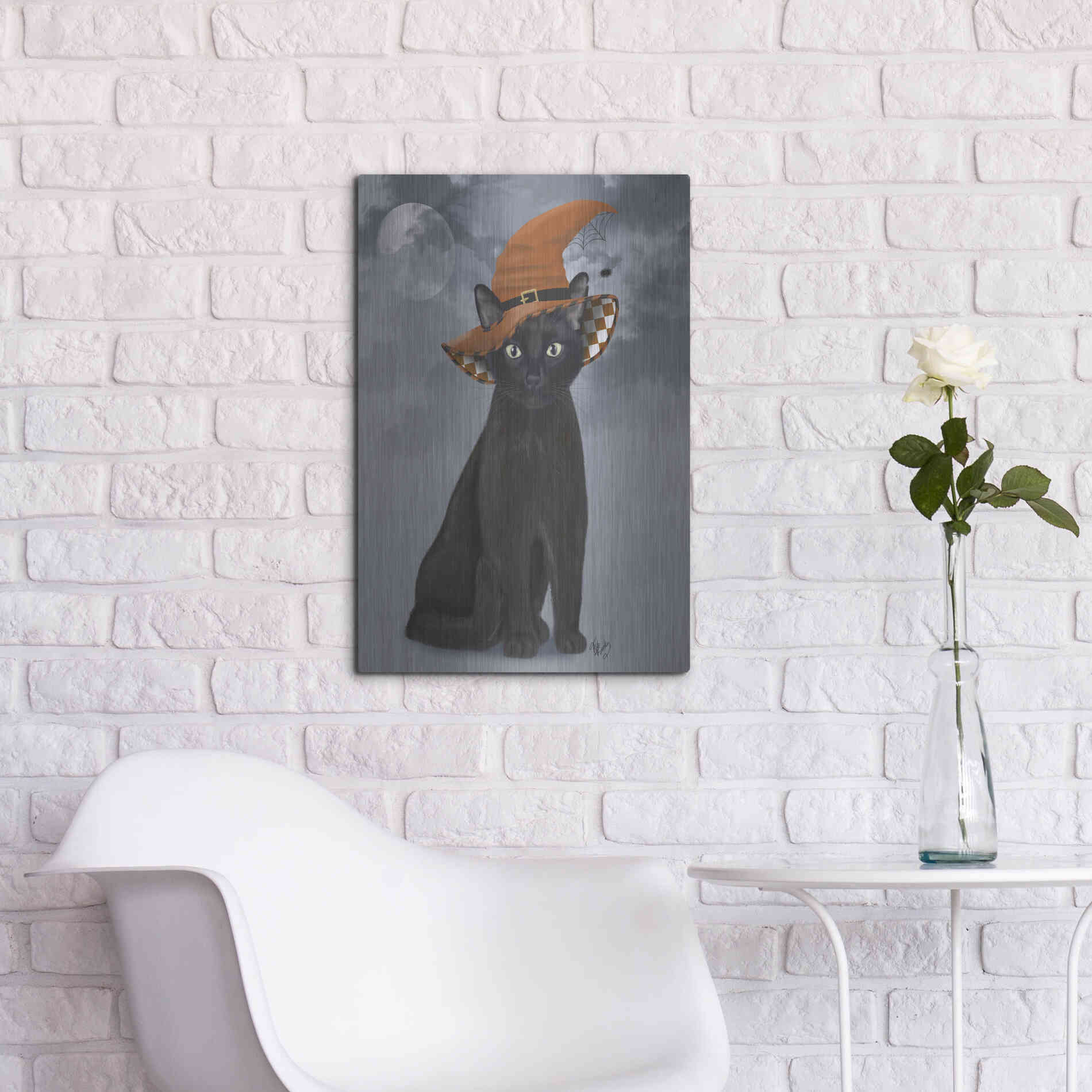 Luxe Metal Art 'Halloween Black Cat in Witches Hat' by Fab Funky Metal Wall Art,16x24