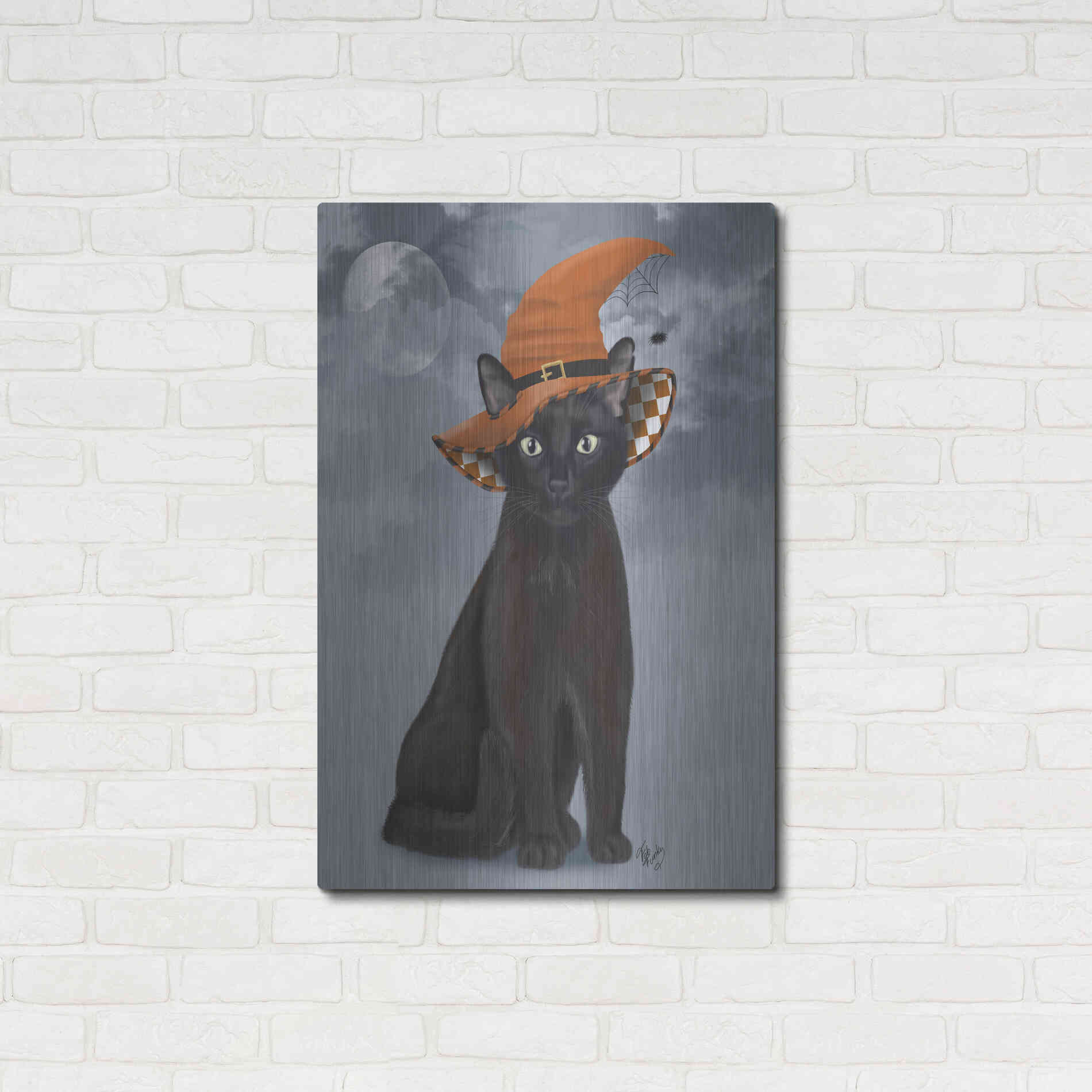 Luxe Metal Art 'Halloween Black Cat in Witches Hat' by Fab Funky Metal Wall Art,24x36